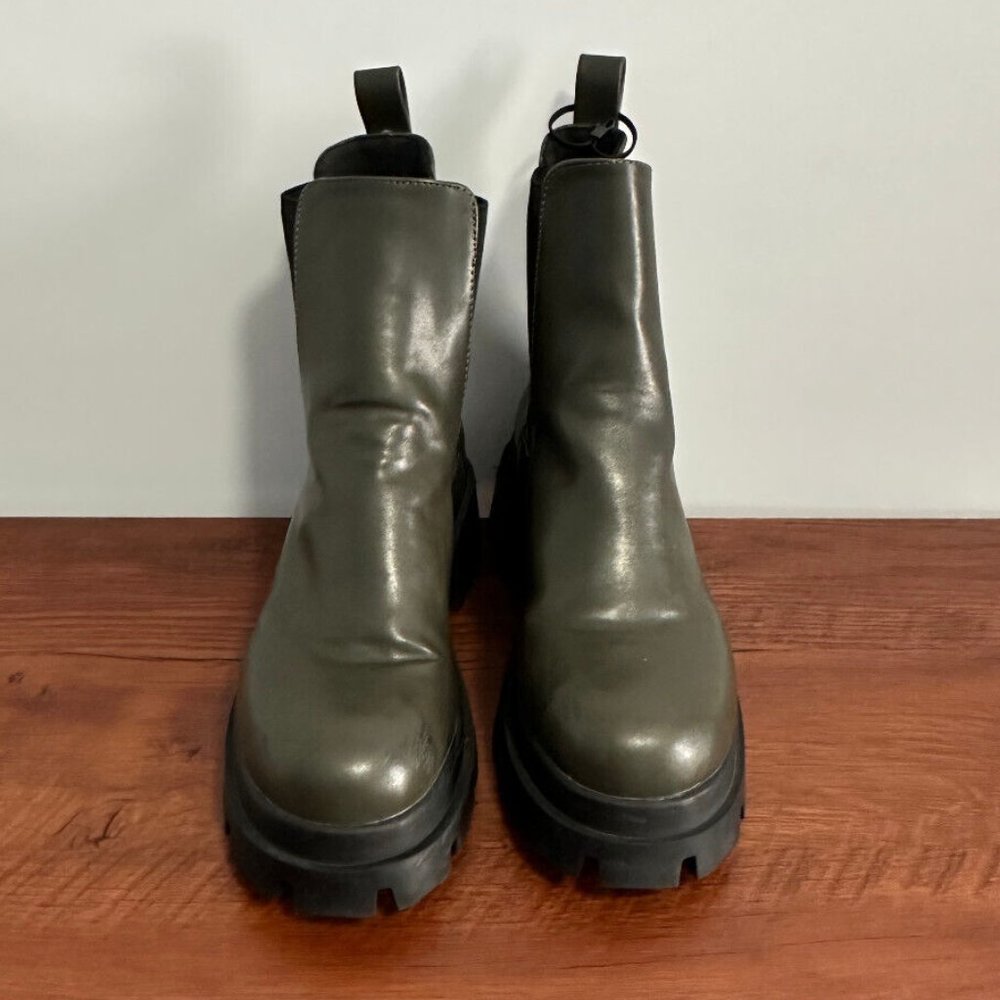 Zara Women Mid Platform Olive Faux Leather Chelsea Boots Sz US 7.5 / EU 38‎